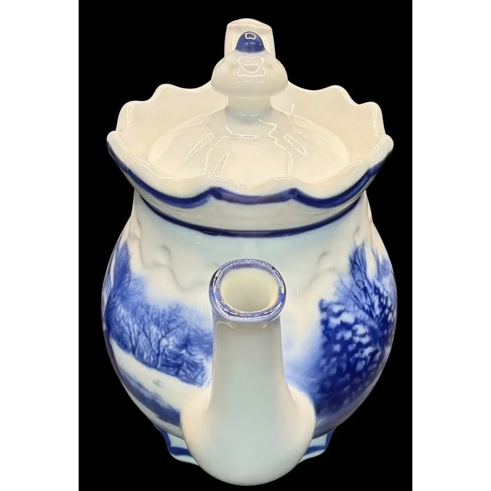Vintage Blue White Scenic Teapot 40–48 oz Winter Cottage Tea Pot